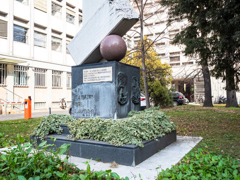 BRESCIA, ITALY - FEBRUARY 21, 2019: Ai Caduti del Lavoro (To the fallen of the Work) monument near service center National Institute of Social Security ( Istituto Nazionale della Previdenza Sociale)
