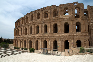 El Djem Tunisia, view of the entrance and exterior of the roman amphitheatre