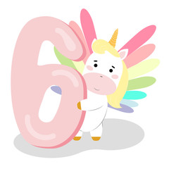 6 Birthday Party invitation with baby unicorn. Vector