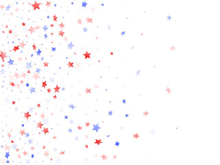 Flying red blue white star sparkles on white vector american patriotic background.
