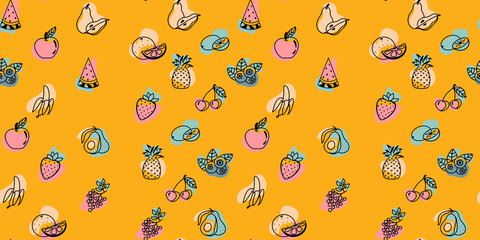 Graphic style fruits and berries seamless vector pattern on colorful background.