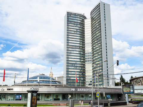 MOSCOW, RUSSIA - JULY 25, 2020: view of Building of former Secretariat of the Council for Mutual Economic Assistance during city sightseeing tour on excursion bus in Moscow city on summer day