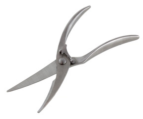 Metallic Chicken scissors for cooking. Open. Isolated on white background. It's a kitchen tool. We can slice meat.