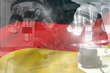 Germany science development conceptual background - microscope on flag. Research in microbiology or genetics, 3D illustration of object