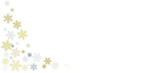 Christmas snowflakes background with place for text. Winter gold and silver snow minimal frame decoration on white, greeting card. New Year Holidays subtle backdrop. Vector illustration