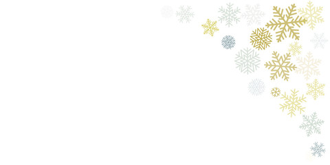 Christmas snowflakes background with place for text. Winter gold and silver snow minimal frame decoration on white, greeting card. New Year Holidays subtle backdrop. Vector illustration