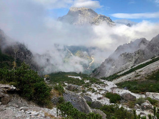 blue sky on the rock with fog in the valley