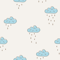 Seamless pattern with watercolor clouds and rain of hearts. Vector illustration.
