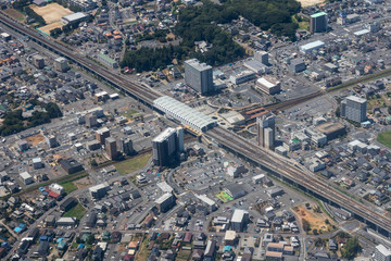 つくばエクスプレスの守谷駅付近を空撮