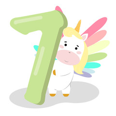 7 Birthday Party invitation with baby unicorn. Vector