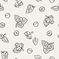 Hazelnuts. Seamless vector pattern. Outline hand drawn illustration.