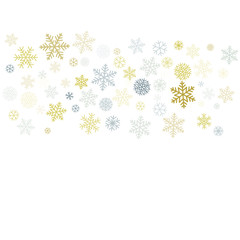 Christmas snowflakes background with place for text. Winter gold and silver snow minimal frame decoration on white, greeting card. New Year Holidays subtle backdrop. Vector illustration