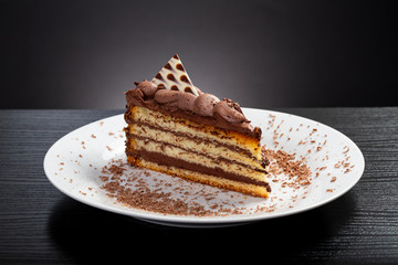 Chocolate cake piece served in a plate