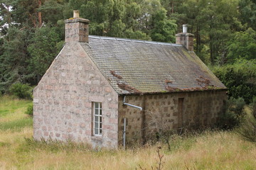 Stone built cottage with slate roof in the forest