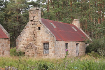Abandoned stone built farm house with metal sheet roof in the forest - 371633651