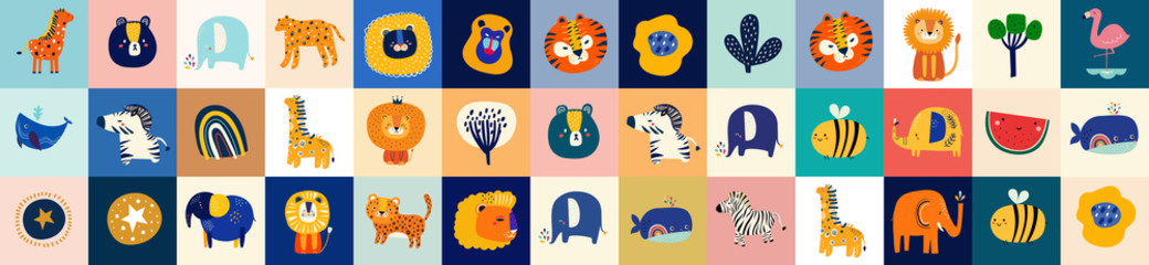 Abstract doodles. Baby animals pattern. Fabric pattern. Vector illustration with cute animals. Nursery baby pattern illustration. Children game