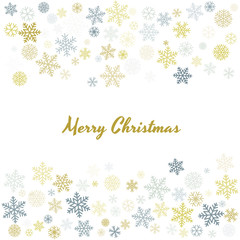 Christmas snowflakes background with place for text. Winter gold and silver snow minimal frame decoration on white, greeting card. New Year Holidays subtle backdrop. Vector illustration