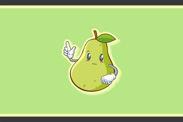 REALLY, ATTENTIVE, Curios Face Emotion. Forefinger Hand Gesture. Green Pear Fruit Cartoon Drawing Mascot Illustration.