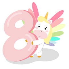 8 Birthday Party invitation with baby unicorn. Vector