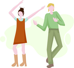 Happy dancing couple. A young man and a girl at a disco or a party. It's time to relax and have a rest. Fun to celebrate the holiday. Dance movements, activity, entertainment.