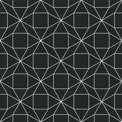 Tessellated repeating mathematical pattern of connected outlines of shapes on a dark gray background, geometric vector illustration