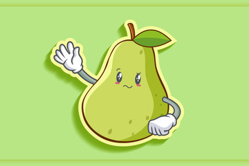 REALLY, ATTENTIVE, CONFUSED Face Emotion. Waving Hand Gesture. Green Pear Fruit Cartoon Drawing Mascot Illustration.
