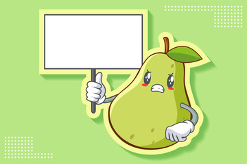 ANGRY, MAD, BAD MOOD Face Emotion. Holding Whiteboard Hand Gesture. Green Pear Fruit Cartoon Drawing Mascot Illustration.
