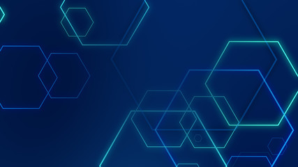 Hexagon geometric blue neon lights technology Hi-tech dark background. Abstract graphic digital future science concept design.