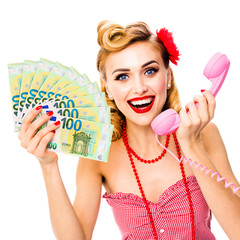 Happy excited woman holding money euro cash banknotes, talking on phone, dressed in pin up style. Blond girl in retro fashion and vintage concept. Isolated over white background. Square composition.