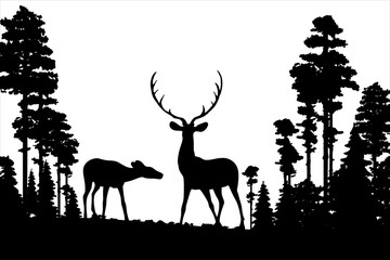 Black silhouettes of north forest. Deer and trees