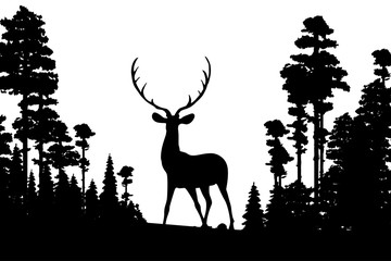 Black silhouettes of north forest. Deer and trees black and white