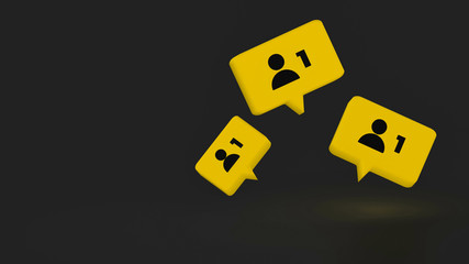 Rectangular yellow instagram Speech balloon with notification of +1 subscriber 3D render on white background