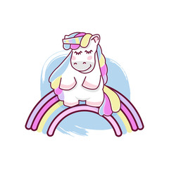 Cute magical unicorn and rainbow, design isolated on white background. Print for t-shirt or sticker. Romantic hand drawing illustration for children. Vector illustration