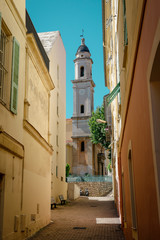 Menton, wonderful city of the cote-d‚ÄôAzur with its marine and architectures, in a sunny day with blue sky