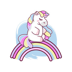 Cute magical unicorn and rainbow, design isolated on white background. Print for t-shirt or sticker. Romantic hand drawing illustration for children. Vector illustration