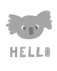 Funny cartoon fluffy koala head with big eyes. With lettering sign HELLO. Cute illustration for children. Vector isolated