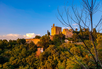 Atardecer de la Alhambra desde una colina de Granada. torre de la vela al fondo con un bosque alrededor