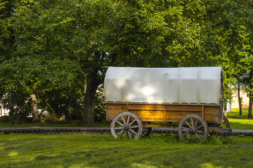 Old wooden cart on wheels