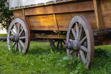 Old wooden cart on wheels