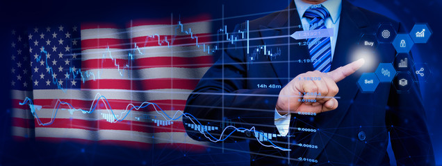 Businessman touching data analytics process system with KPI financial charts, dashboard of stock and marketing on virtual interface. With American flag in background.