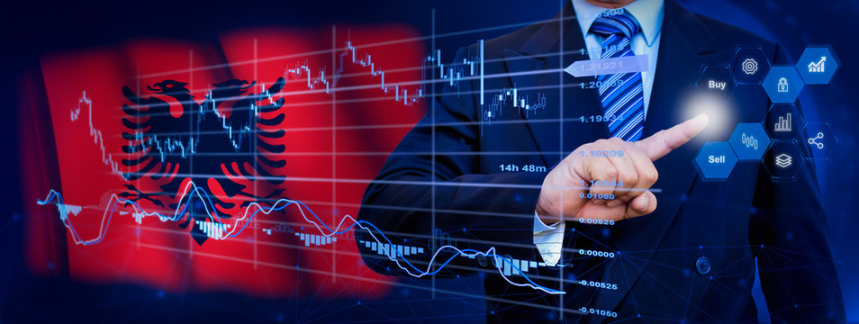 Businessman touching data analytics process system with KPI financial charts, dashboard of stock and marketing on virtual interface. With Albania flag in background. - Powered by Adobe