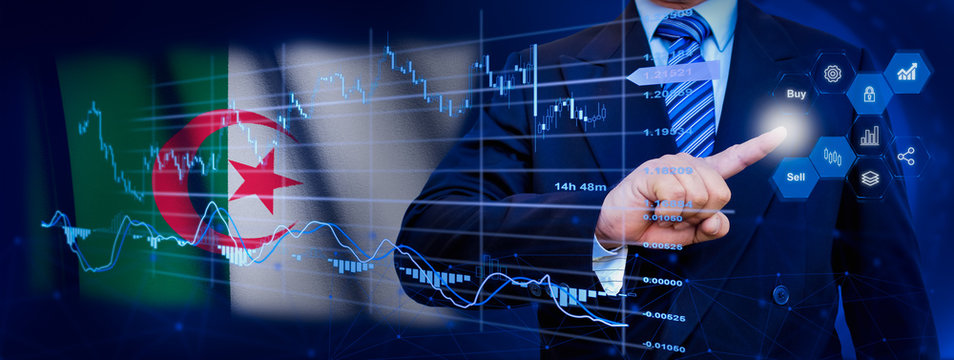 Businessman touching data analytics process system with KPI financial charts, dashboard of stock and marketing on virtual interface. With Algerian flag in background. - Powered by Adobe