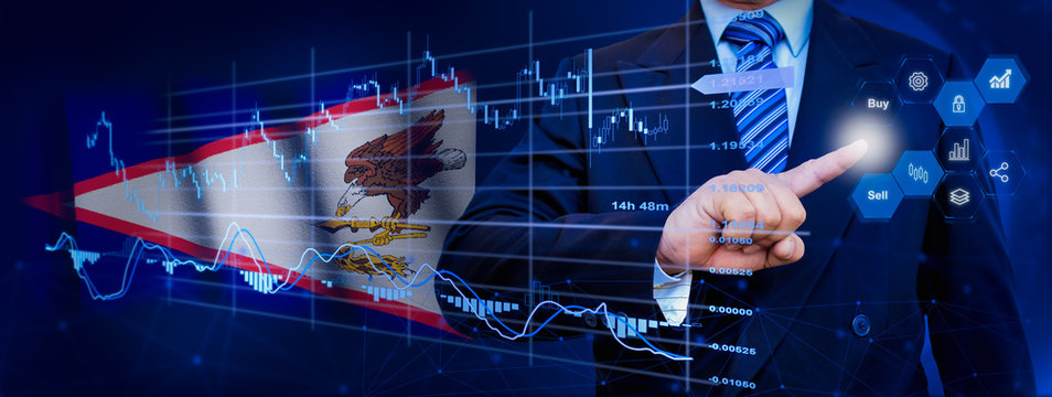 Businessman touching data analytics process system with KPI financial charts, dashboard of stock and marketing on virtual interface. With American Samoa flag in background. - Powered by Adobe