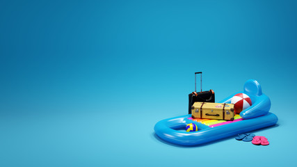 Packed for the summer vacation 3D illustration background concept, swimming mattress, suitcase, travel luggage, volleyball and slippers on blue background
