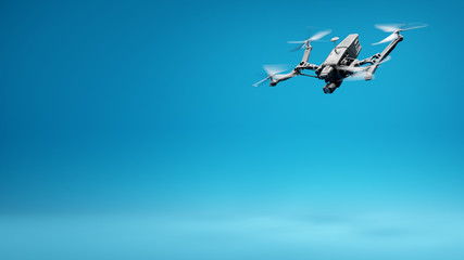 flying drone on blue background, 3d illustration background concept