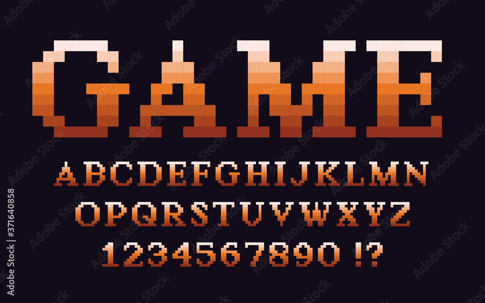 Poster Pixel classic serif font with gradient Video computer game design 8 bit retro letters and numbers Vector alphabet