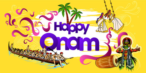 Happy Onam festival background for South India Kerala traditional celebration.Vallam-kali festive kerala.