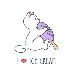 I love ice cream. Cute illustration of a funny white cat eating a purple glazed ice cream on stick. Vector 8 EPS.