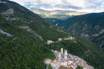 Fototapeta na wymiar aerial view of the medieval castle of pacentro in the majella mountain area abruzzo italy