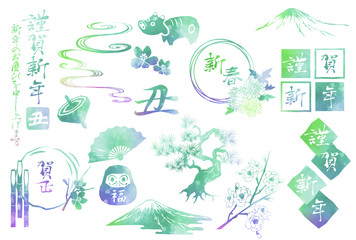 アナログ水彩風の2021年の牛の年賀状イラスト素材フレーム枠のセット